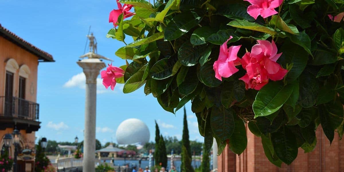 Spaceship Earth as seen from the Italy World Showcase Pavilion at EPCOT.