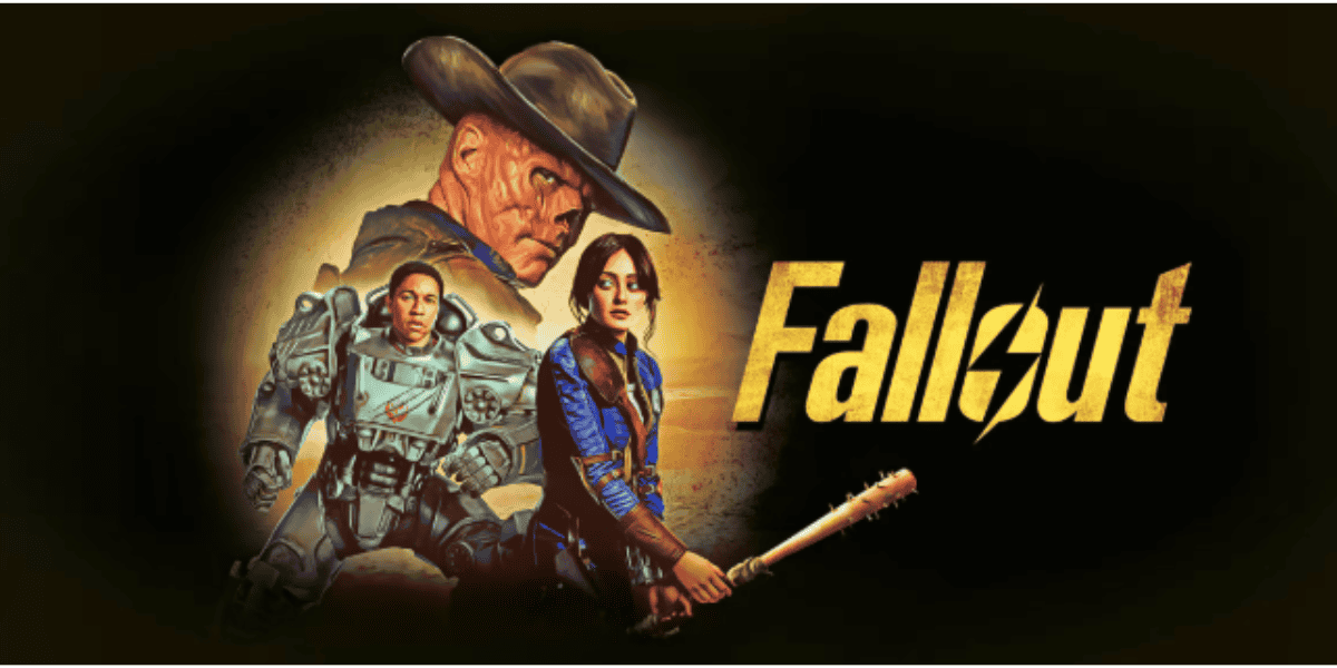Stylized poster for the TV series "Fallout," featuring a man in power armor, a woman holding a baseball bat, a cowboy in the background, and the "Fallout" logo on a dark gradient backdrop.