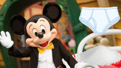 Mickey Mouse waves in front of a cartoonish house. An illustration of white underpants and a pile of white powder are edited into the foreground.