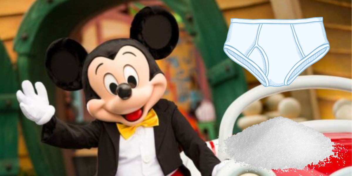 Mickey Mouse waves in front of a cartoonish house. An illustration of white underpants and a pile of white powder are edited into the foreground.