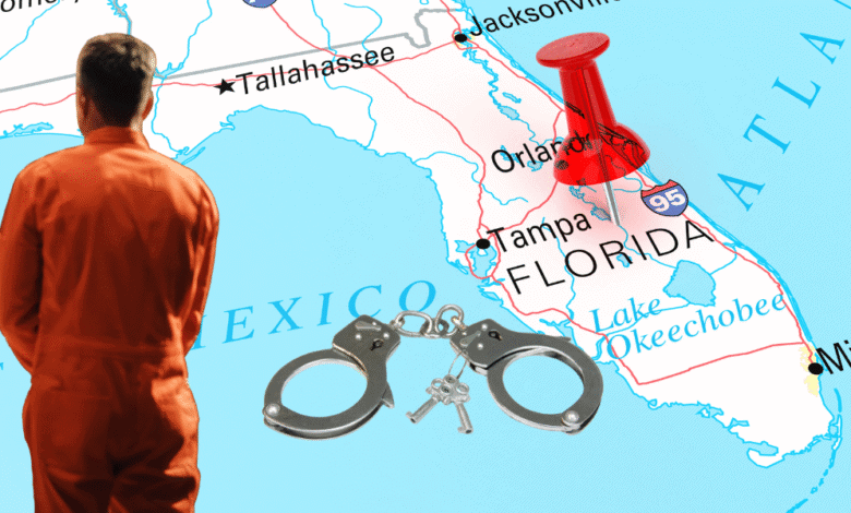 A man in an orange jumpsuit faces a map of Florida, with a red pushpin marking the state and a pair of handcuffs and keys placed over the map near Tampa and Orlando.