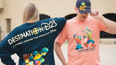 Two people wear Disney-themed “Destination D23” apparel: one in a black long-sleeve shirt with colorful Disney characters on the back, and the other in a peach T-shirt and navy cap featuring similar Disney designs.