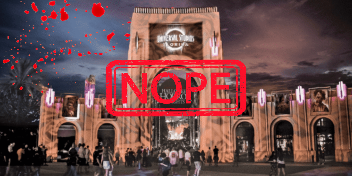 A crowd stands outside Universal Studios at night with Halloween Horror Nights banners. Red blood splatter and a large red "NOPE" stamp overlay the image. The sky is dark and dramatic.