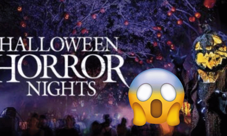 Halloween Horror Nights sign glows among eerie purple-lit trees, with a sinister jack-o’-lantern-headed figure in a dark cloak and a large shocked face emoji in the foreground.