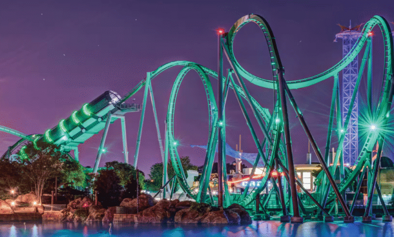 The Incredible Hulk Coaster lit up at night
