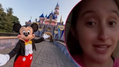 Left: Mickey Mouse in front of Sleeping Beauty Castle at Disneyland, Right: A woman talking about getting searched by the Secret Service because JD Vance was at the Grand Californian Hotel