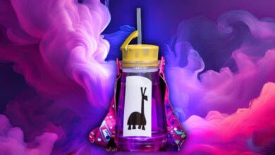 A clear water bottle with a yellow lid and straw, featuring a black animal silhouette sticker, sits in front of swirling pink and purple abstract clouds and patterns.