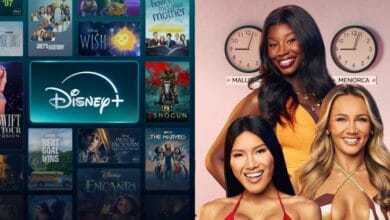 A split image: on the left, the Disney+ streaming menu, on the right are three 'Love Island' contestants