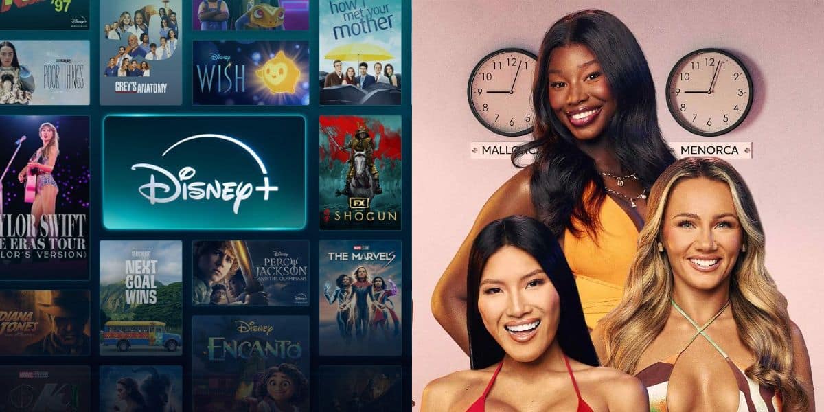 A split image: on the left, the Disney+ streaming menu, on the right are three 'Love Island' contestants