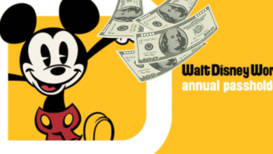 Cartoon Mickey Mouse waves next to the Walt Disney World annual passholder logo, while several $100 bills float above, suggesting high costs.