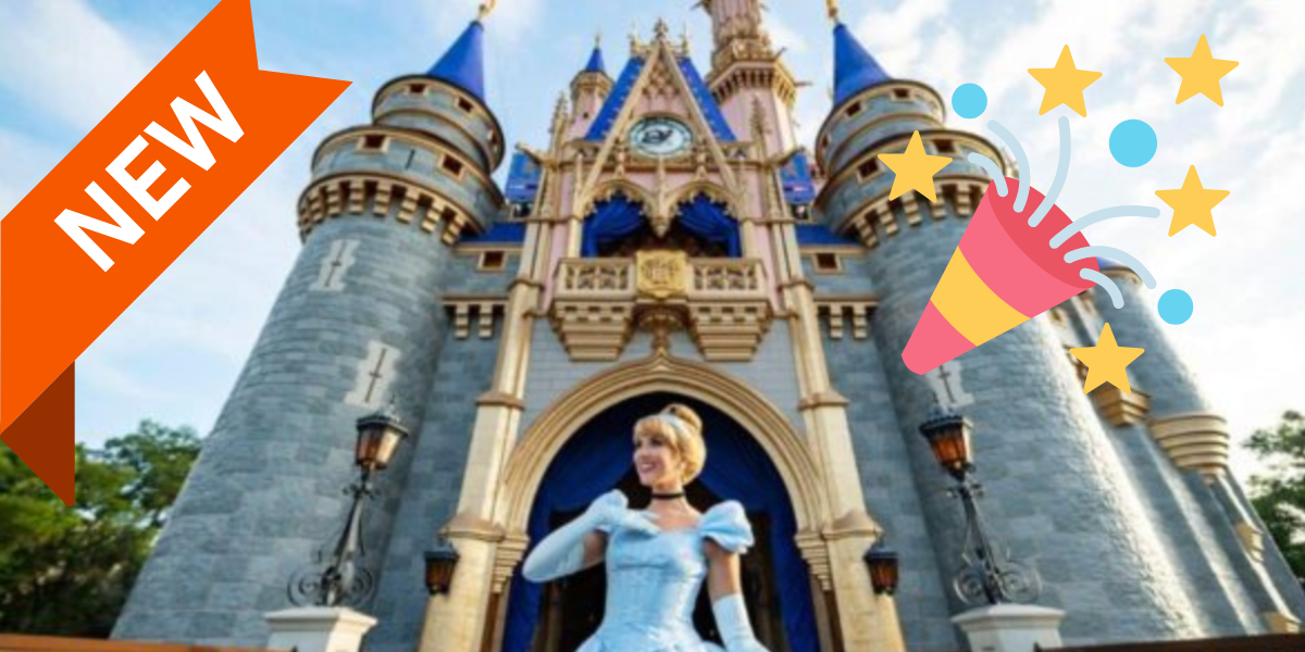 A woman dressed as Cinderella stands in front of a castle with blue and gold accents. A “NEW” orange banner and a party popper graphic with stars and confetti are overlaid on the image.