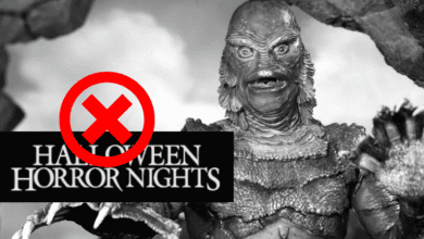 A black and white photo of a creature with scaly skin and claws, with a large red X and a “Halloween Horror Nights” logo over the image.