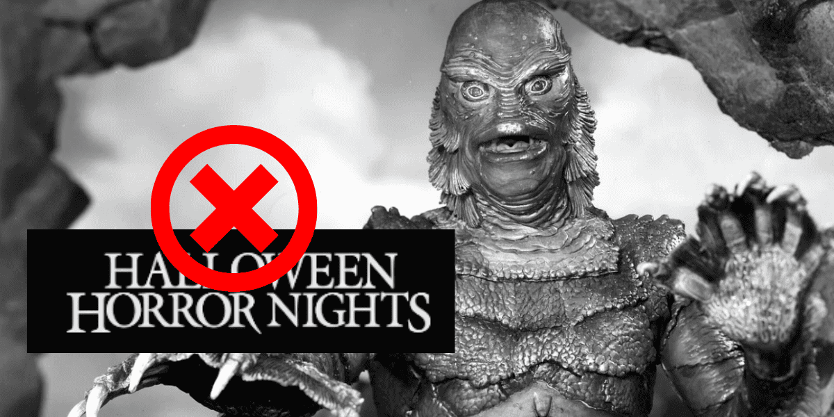 A black and white photo of a creature with scaly skin and claws, with a large red X and a “Halloween Horror Nights” logo over the image.