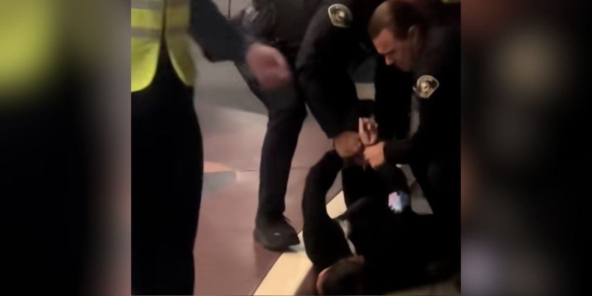 Two police officers are restraining and handcuffing a woman on the ground at Disneyland Resort.