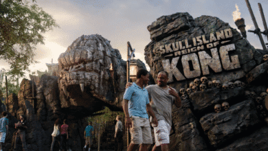 Visitors walk near a massive stone kong head and a sign that reads "Skull Island: Reign of Kong," surrounded by torches and skull decorations at an amusement park attraction.