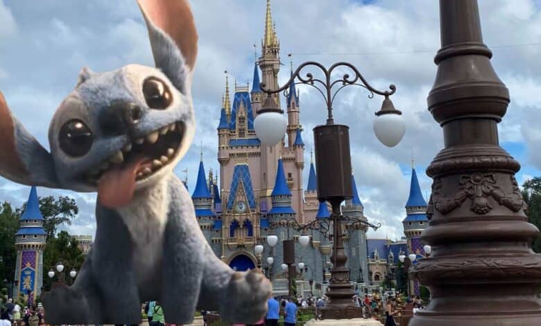 A large, animated Stitch character from Disney's "Lilo & Stitch" is superimposed in front of Cinderella Castle at Disney World, with visitors walking around under a partly cloudy sky.