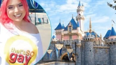 Left: A person with pink hair wearing a "that's so raven" parody shirt reading "that's so gay." Disney security questioned this outfit choice. Right: Sleeping Beauty Castle at Disneyland Park.