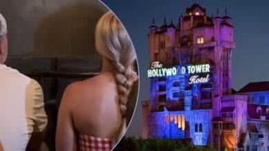 Left: People stuck on the Tower of Terror. Right: The Tower of Terror exterior at night.