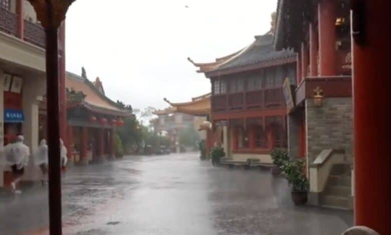 Pouring rain in the China World Showcase Pavilion at EPCOT