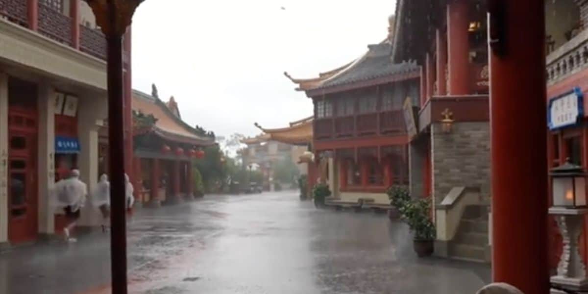 Pouring rain in the China World Showcase Pavilion at EPCOT