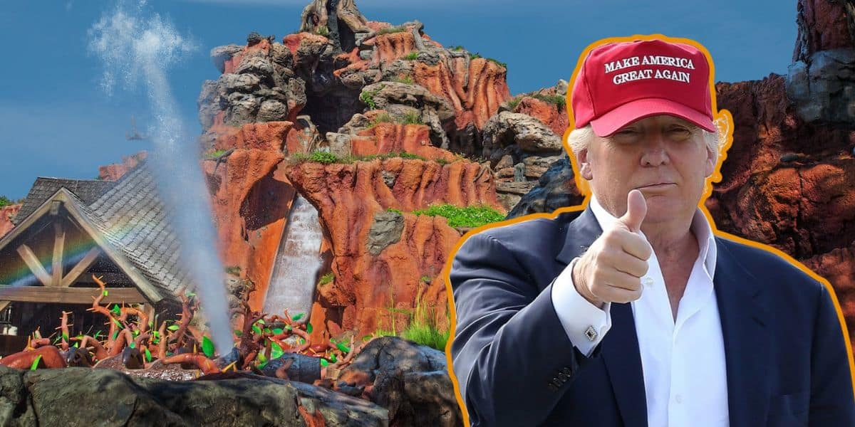 Donald Trump edited in front of Splash Mountain giving a thumbs up.