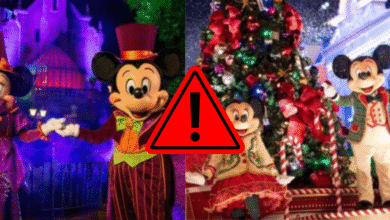 A warning symbol overlays two images: on the left, cartoon mice characters in Halloween costumes; on the right, the same characters in festive Christmas attire by a decorated tree.