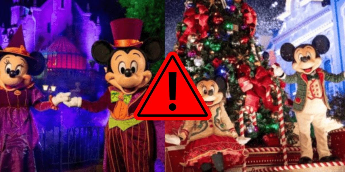 A warning symbol overlays two images: on the left, cartoon mice characters in Halloween costumes; on the right, the same characters in festive Christmas attire by a decorated tree.