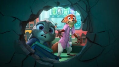 Nick Wilde and Judy Hopps, look surprised as they stand by a large hole in a wall. The rabbit holds files, and the background shows colorful monitors and equipment.