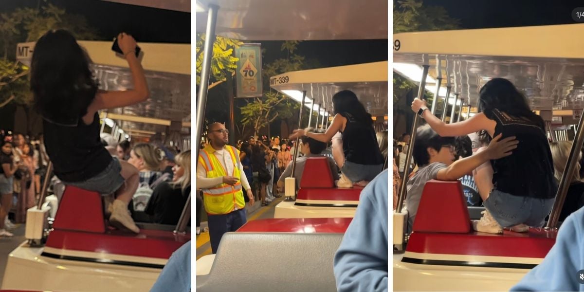 A woman climbs on the Disneyland Tram