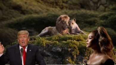 Donald Trump and Beyoncé in front of an image from the 2019 live-action Lion King