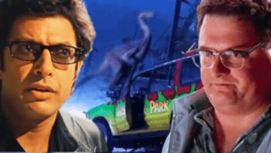 Ian Malcolm (Jeff Goldblum) and Dennis Nedry (Wayne Knight) looking shocked against a "Jurassic Park: Survival" T-Rex paddock backdrop