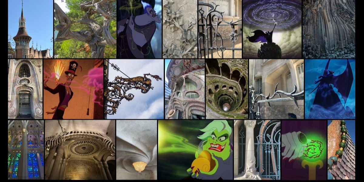 A collage of ornate, fantastical architectural details and Disney villains, featuring swirling ironwork, gothic staircases, dramatic lighting, and vibrant images of animated evil characters casting spells or plotting.