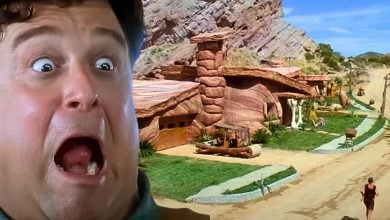 Split image: Fred Flintstone (John Goodman) looking shocked, with a background of Bedrock