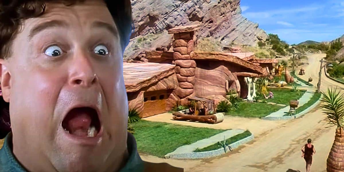 Split image: Fred Flintstone (John Goodman) looking shocked, with a background of Bedrock