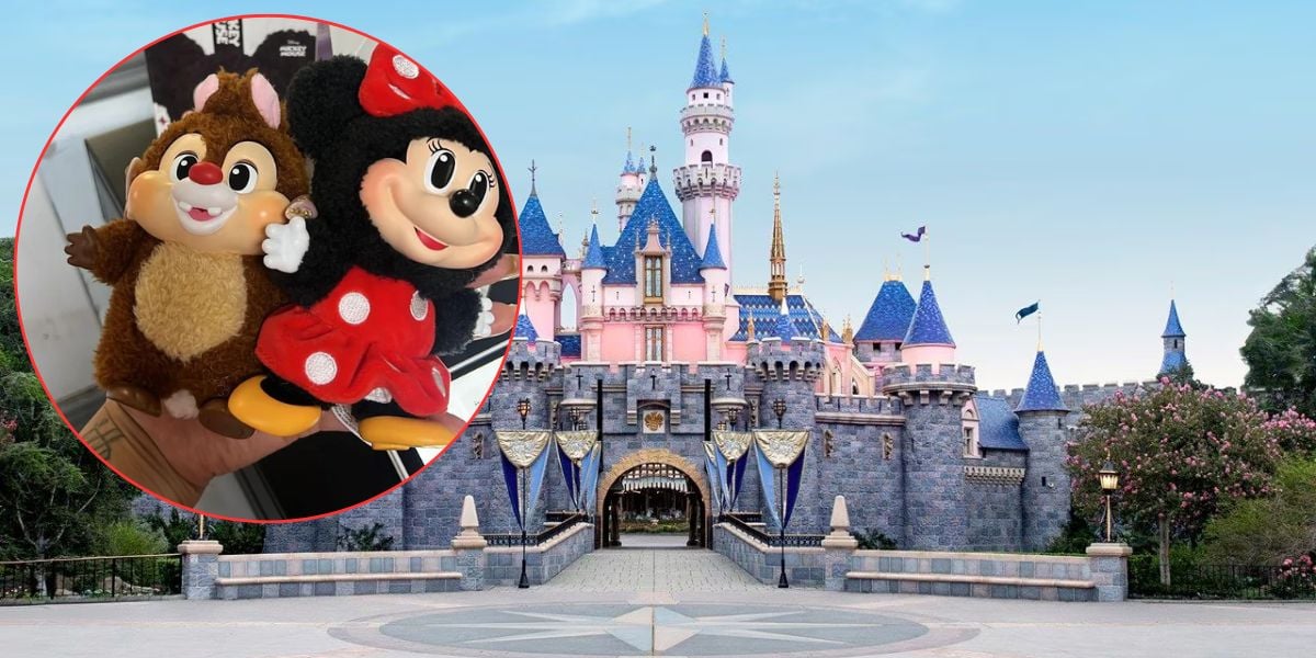 A photo of Disneyland’s Sleeping Beauty Castle with an inset circle showing plush toys of Chip the chipmunk and Minnie Mouse being held in someone’s hand called Labubus.