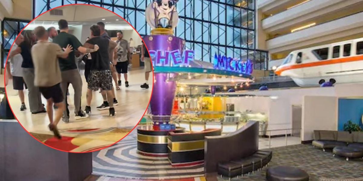 A group of men appear to argue in a hotel lobby, shown in a red circle overlay. Behind, the spacious modern lobby features Chef Mickey’s restaurant and a monorail passing through the Contemporary Resort.