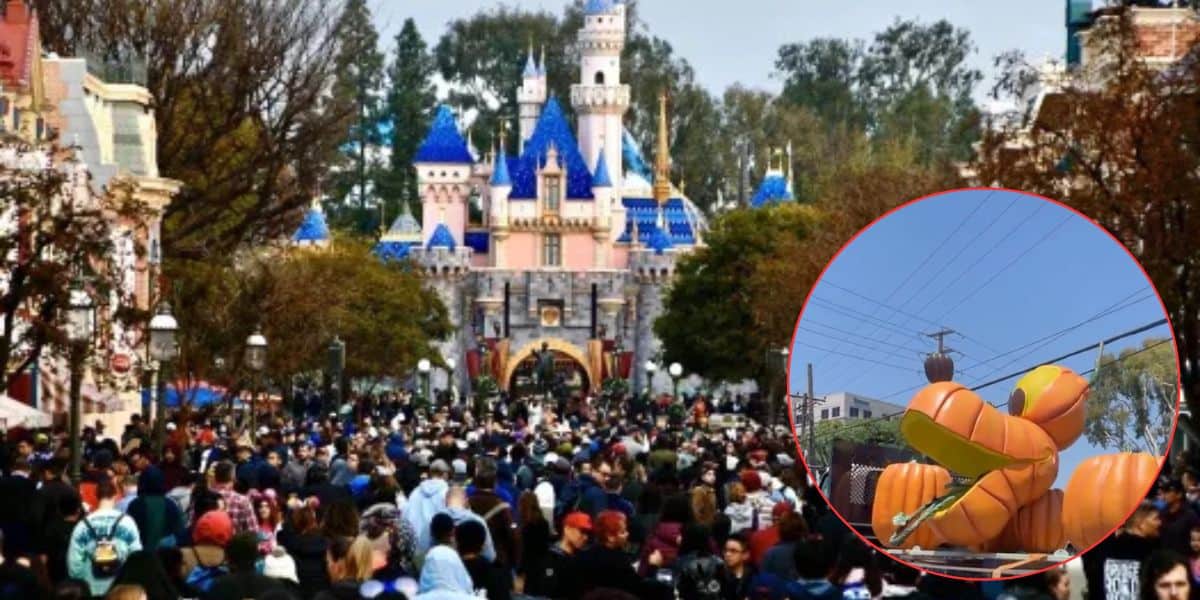 A large crowd gathers in front of Disneyland’s Sleeping Beauty Castle. Inset shows a close-up of a giant orange jack-o’-lantern decoration outdoors under blue skies, with power lines visible.