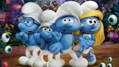 Four blue Smurf characters stand close together in a colorful, mystical forest, looking scared and surprised. Strange green eyes float around them, and the background is filled with large, vibrant plants.