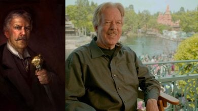 A split image: on the left, a painted portrait of a serious man holding a staff; on the right, an older man with gray hair and a mustache smiles on a balcony overlooking a theme park.