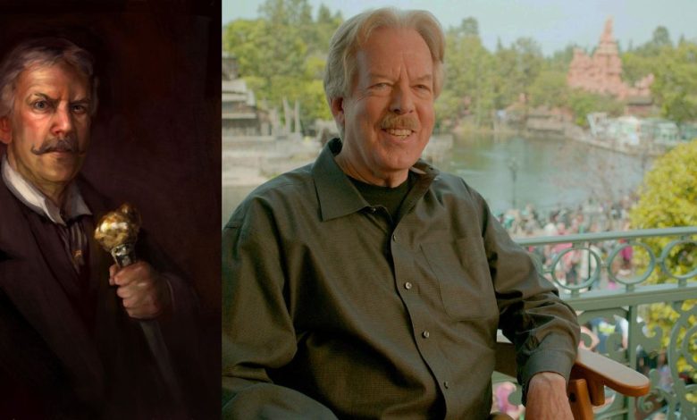A split image: on the left, a painted portrait of a serious man holding a staff; on the right, an older man with gray hair and a mustache smiles on a balcony overlooking a theme park.