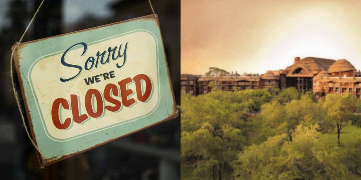 A vintage "Sorry We're Closed" sign hangs on a door next to an image of a large, rustic building surrounded by green trees under a cloudy sky.