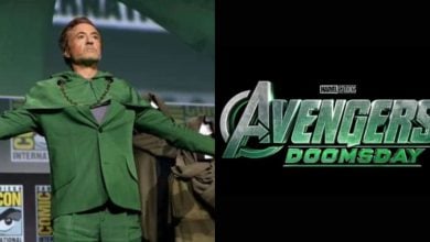 A man in a green suit poses with arms outstretched at Comic-Con; next to him is the "Avengers: Doomsday" logo in metallic green text on a black background.