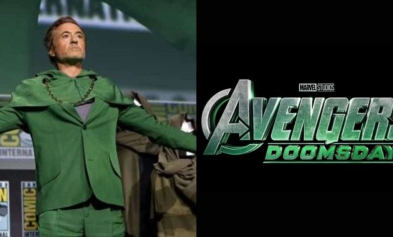 Robert Downey Jr. next to the 'Avengers: Doomsday' title card