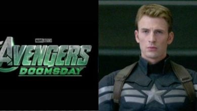 Split image: On the left, the "Avengers: Doomsday" logo with a metallic design; on the right, a serious man in a dark superhero suit with a silver star on the chest, sitting indoors.