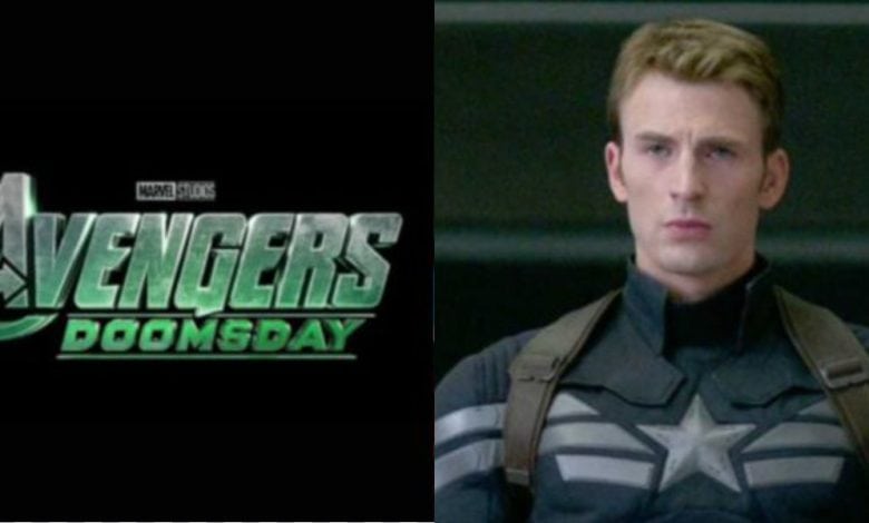 Split image: On the left, the "Avengers: Doomsday" logo with a metallic design; on the right, a serious man in a dark superhero suit with a silver star on the chest, sitting indoors.
