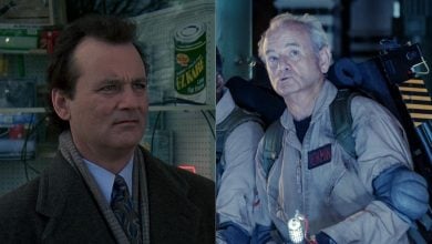 A split image shows bill murray in two iconic movie roles: on the left, he wears a suit outside a shop; on the right, he sports his classic Ghostbusters uniform and proton pack in a dimly lit scene.