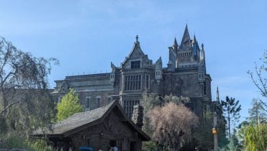 A large, Gothic-style castle with spires and pointed rooftops rises behind trees and a rustic wooden building, set beneath a clear blue sky in this epic universe.