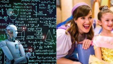 Left: A robot stands in front of a chalkboard covered with complex mathematical formulas and diagrams. Right: A smiling woman in a costume leans toward a young girl wearing a tiara and sash, both looking happy.