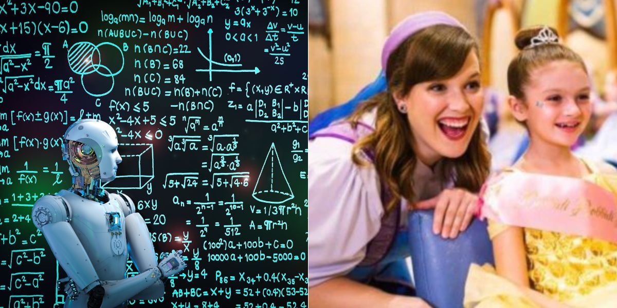 Left: A robot stands in front of a chalkboard covered with complex mathematical formulas and diagrams. Right: A smiling woman in a costume leans toward a young girl wearing a tiara and sash, both looking happy.