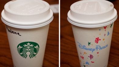 The front and back of a Starbucks hot coffee cup that you'd get at Disneyland or Walt Disney World.